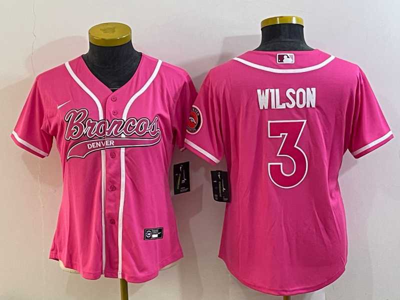 Women%27s Denver Broncos #3 Russell Wilson Pink With Patch Cool Base Stitched Baseball Jersey